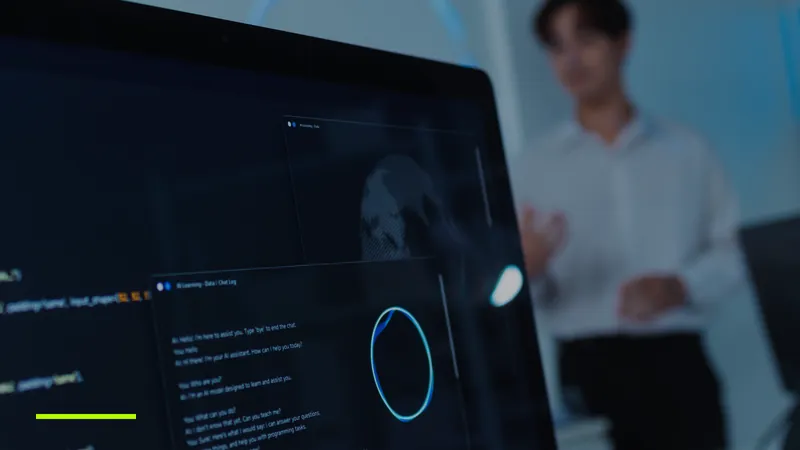 Monitor cu o conversație într-un asistent de chat AI, într-un birou